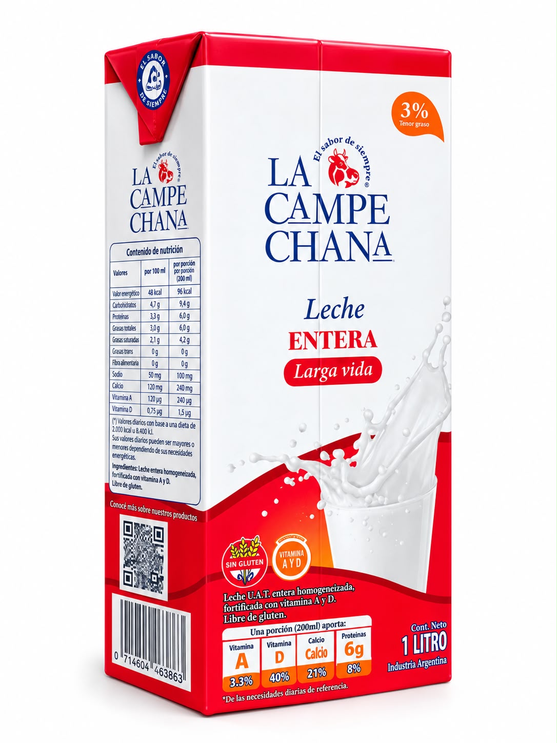 Leche Entera La Campechana, caja de 8 sachets de 1 litro